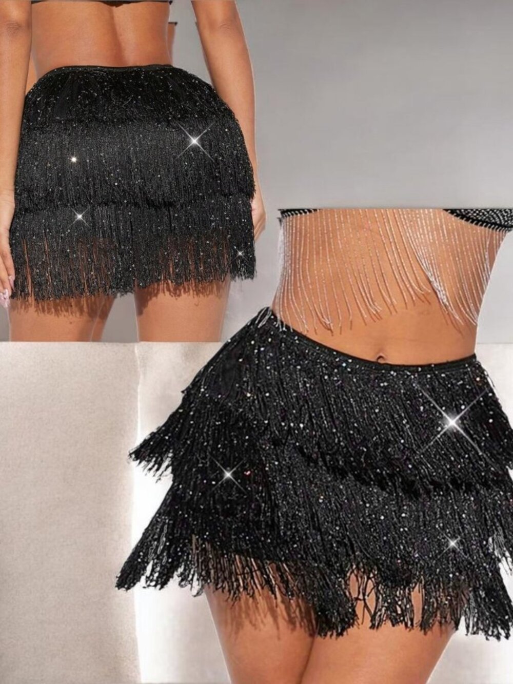 EUC SHEIN (12) Sexy Fringe Trim Sequin Skort in Black